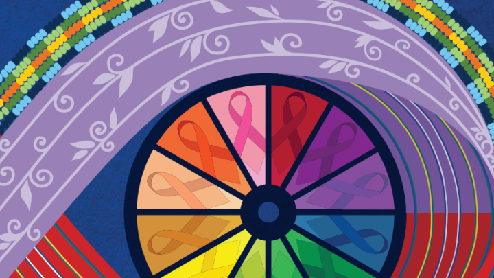 image of an eye with a multicoloured wheel in the centre, surrounded by a weaving pattern.